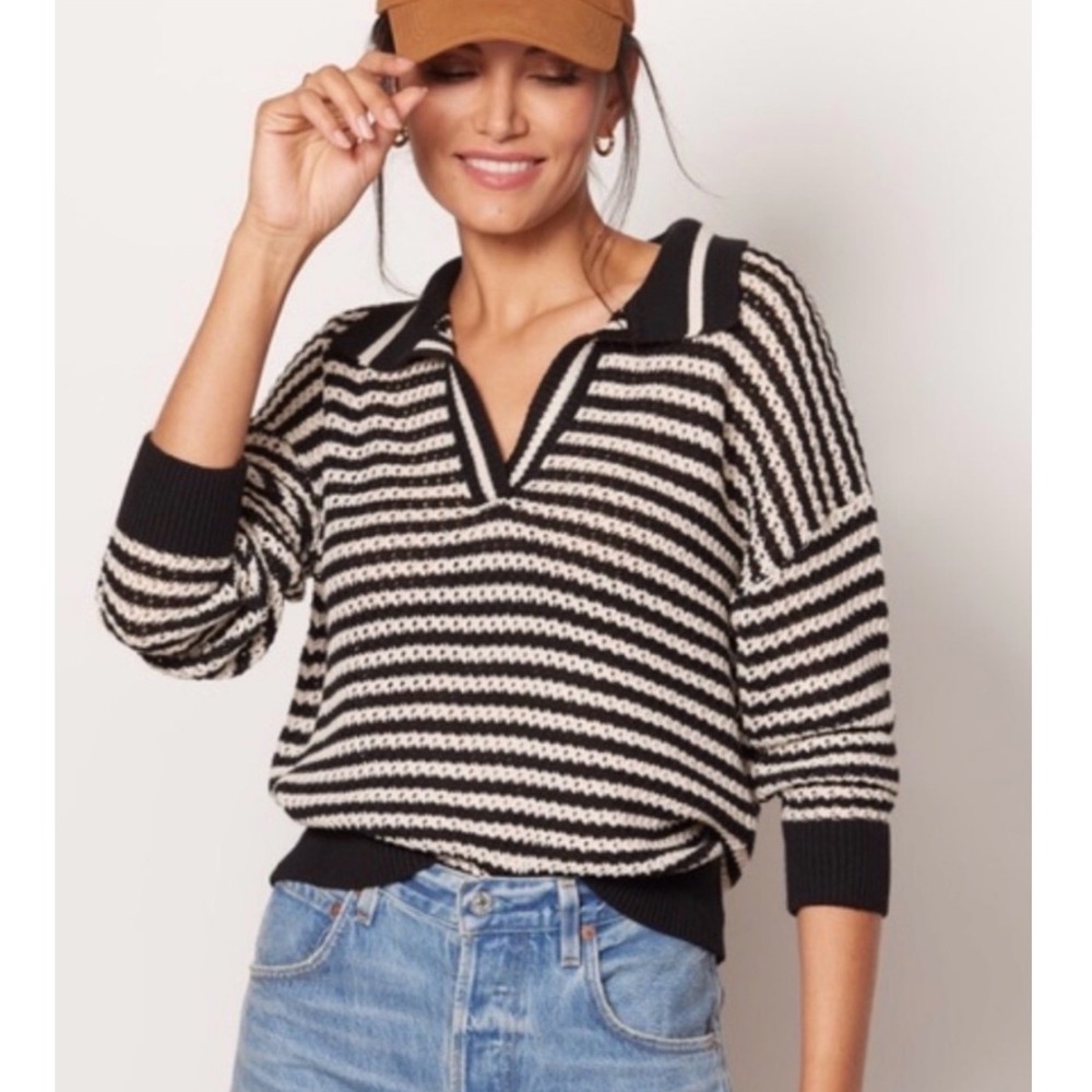 525 America Medium Striped Polo Sweater Black Cream V-Neck Knit Long‎ Sleeve